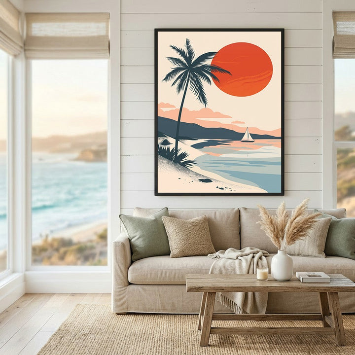 Wadi Home minimalist tropical coastal landscape wall art print featuring a sunset, palm tree, and sailboat in a living room.