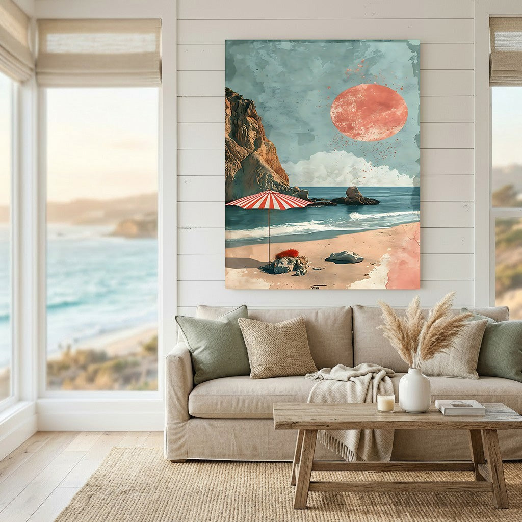 Wadi Home coastal landscape wall art print featuring a red sun, cliffside, and striped umbrella above a beige sofa.