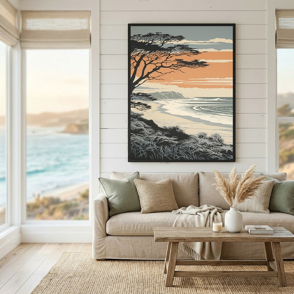 Wadi Home coastal landscape wall art print featuring a sunset beach scene with a tree silhouette above a living room.