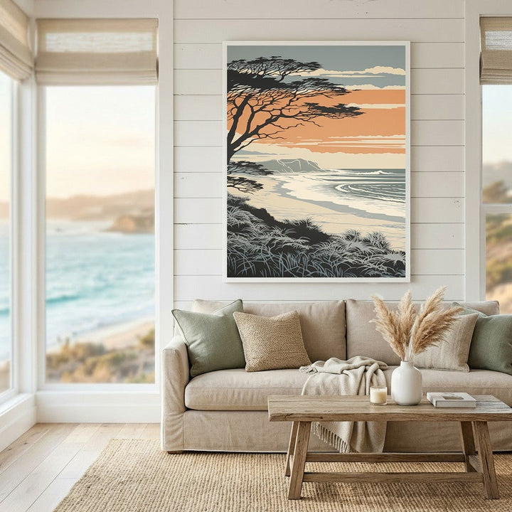 Wadi Home coastal landscape wall art print featuring a sunset beach scene with a tree silhouette above a beige sofa.