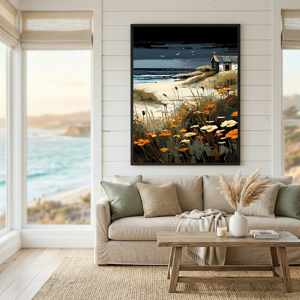 Wadi Home coastal landscape wall art print featuring orange wildflowers and a seaside cottage in a modern living room.