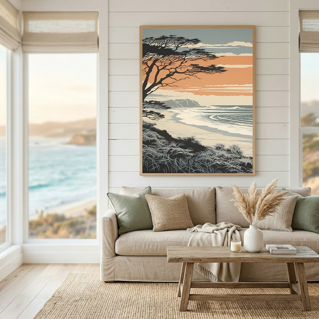 Wadi Home coastal landscape wall art print featuring a sunset beach scene with a tree silhouette in a modern living room