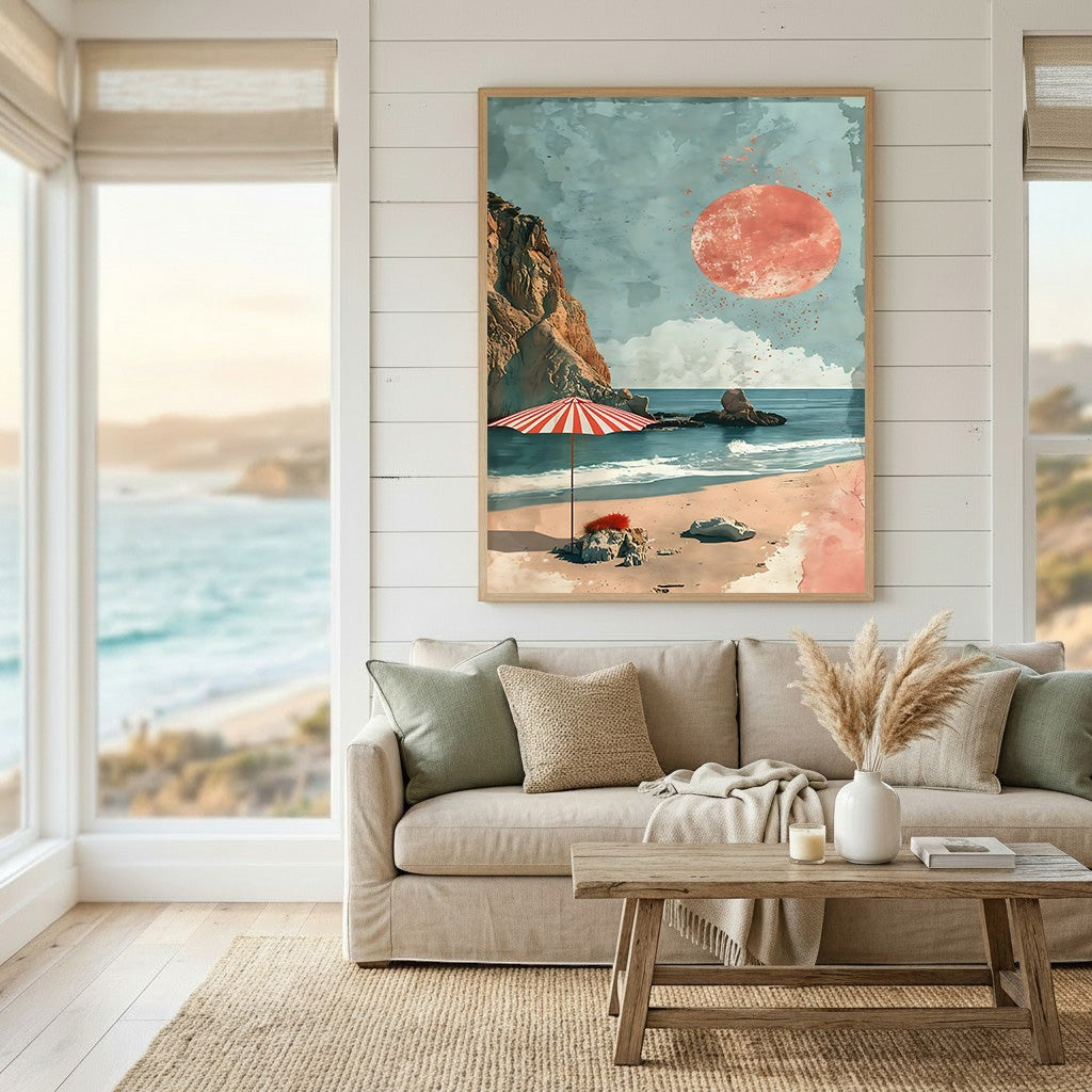 Wadi Home coastal landscape wall art print featuring a red sun and striped umbrella above a beach in a living room