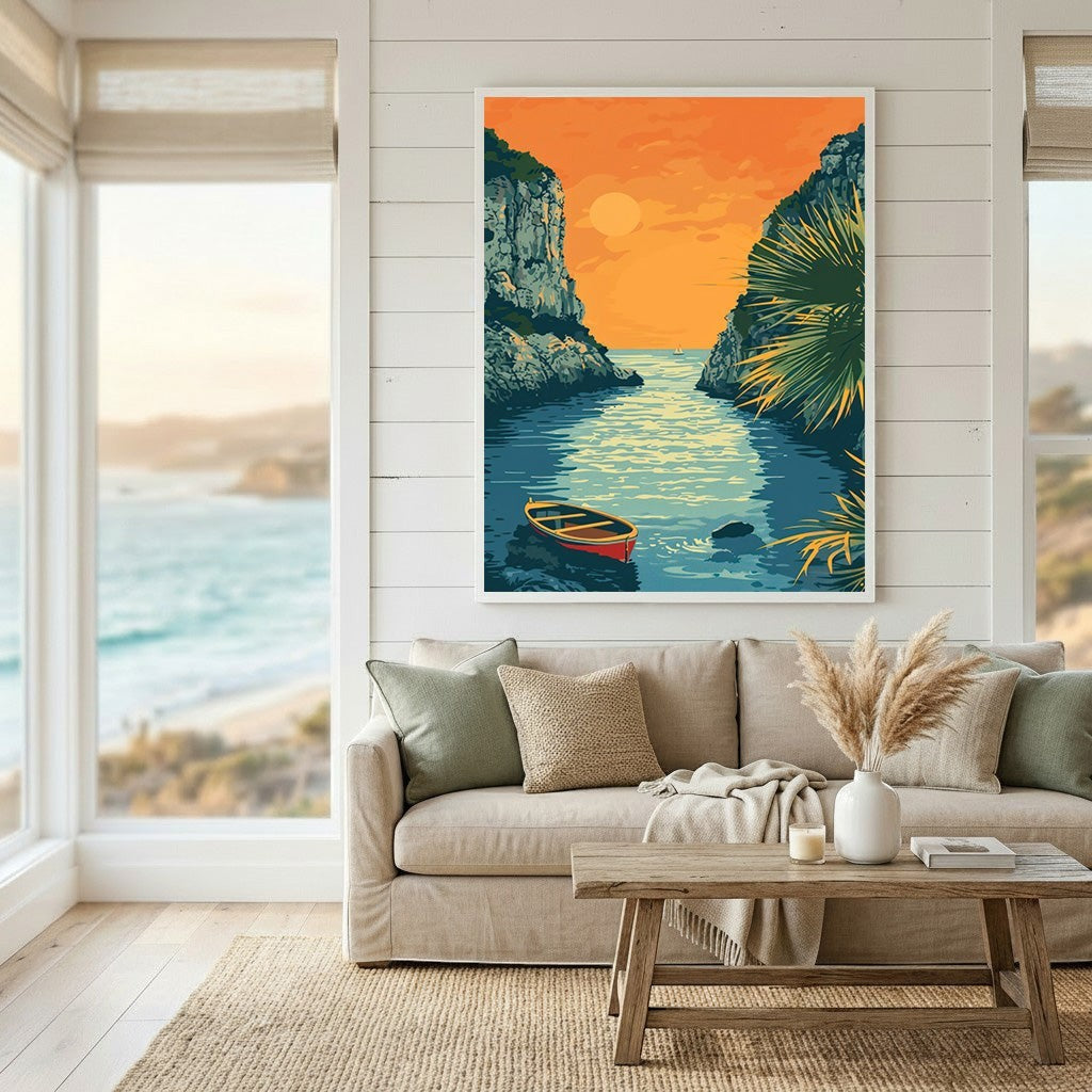 Wadi Home coastal landscape wall art print featuring a sunset over a cove with a rowboat in a modern graphic style.