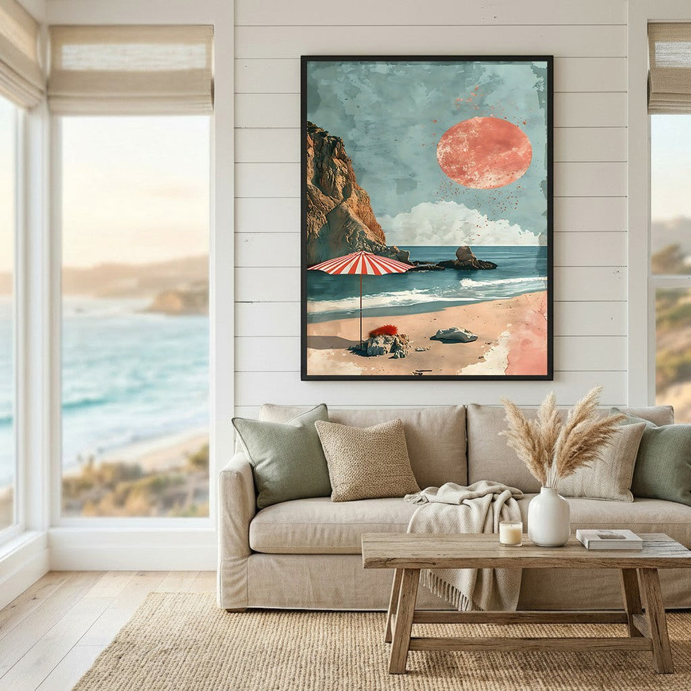 Wadi Home coastal landscape wall art print featuring a red sun and striped umbrella above a beach in a living room.