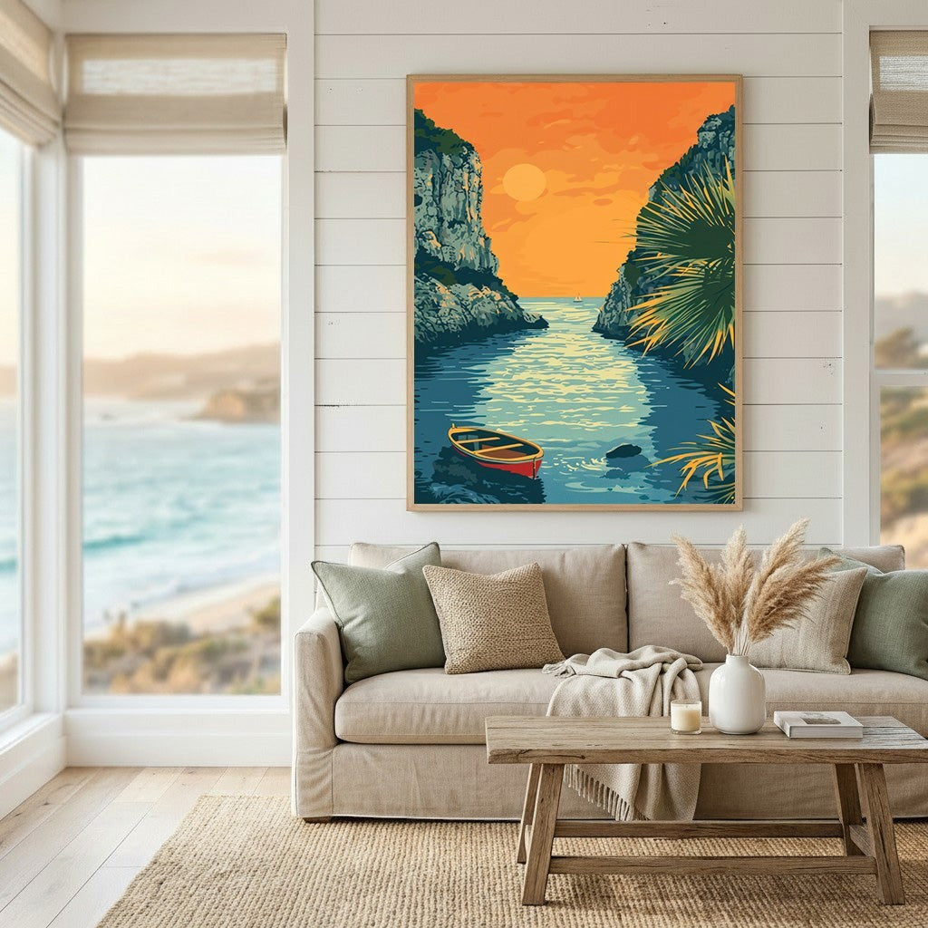 Wadi Home coastal landscape wall art print featuring a sunset over a cove with a rowboat in a modern living room