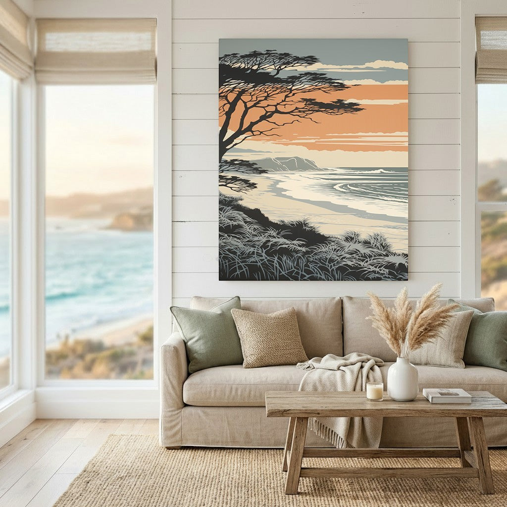 Wadi Home coastal landscape wall art print featuring a sunset beach scene with a tree silhouette above a beige sofa.