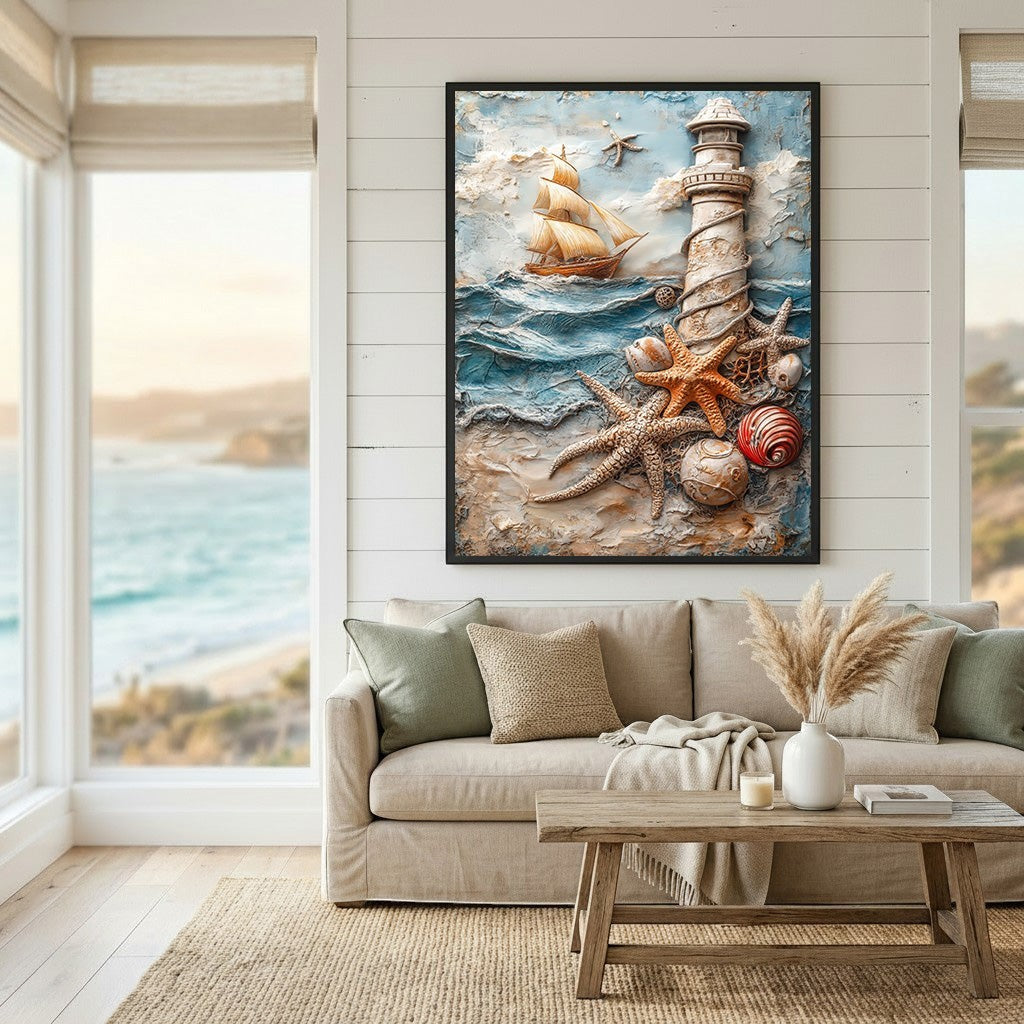 Wadi Home coastal lighthouse and nautical wall art with textured relief of a ship, starfish, and shells in a living room