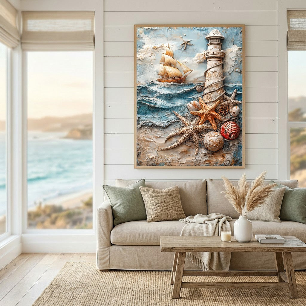 Wadi Home coastal lighthouse wall art with a sailing ship, starfish, and seashells in a textured relief style.