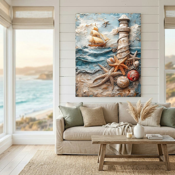 Wadi Home textured coastal lighthouse wall art with a sailing ship, starfish, and seashells above a neutral sofa.