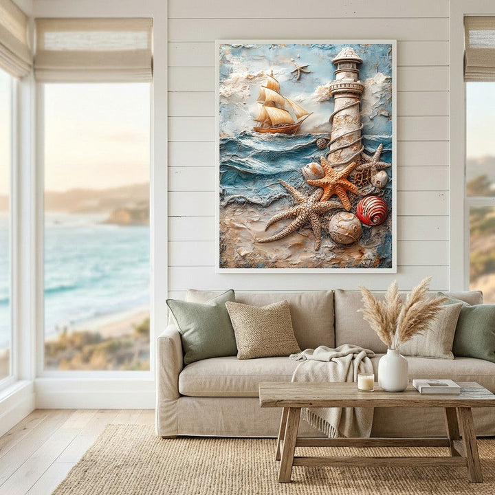 Wadi Home textured coastal wall art featuring a lighthouse, sailing ship, and seashells in a living room setting.
