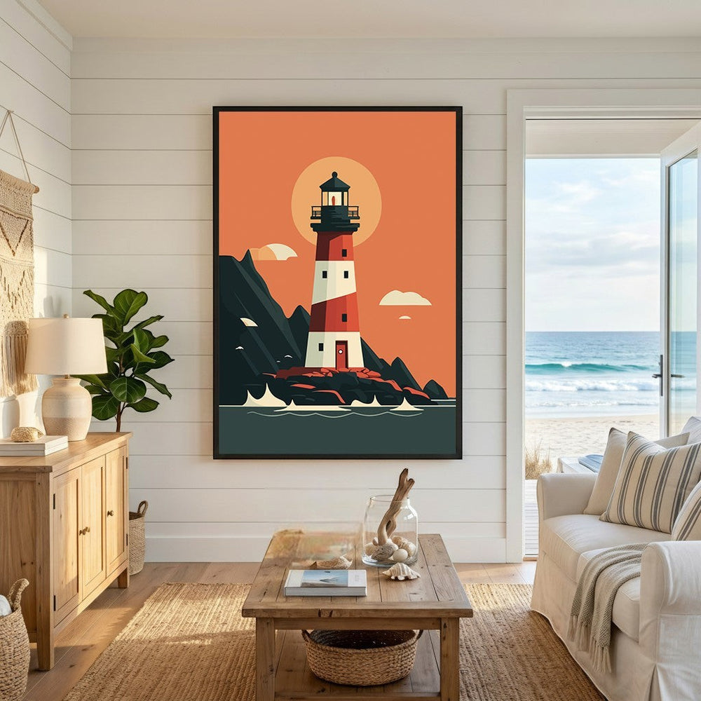 Wadi Home coastal lighthouse wall art print featuring a minimalist red and white lighthouse in a beach living room.