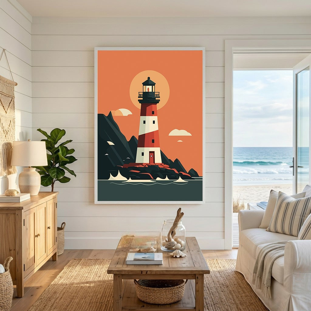 Wadi Home coastal lighthouse wall art print featuring a red and white lighthouse in a minimalist sunset scene.