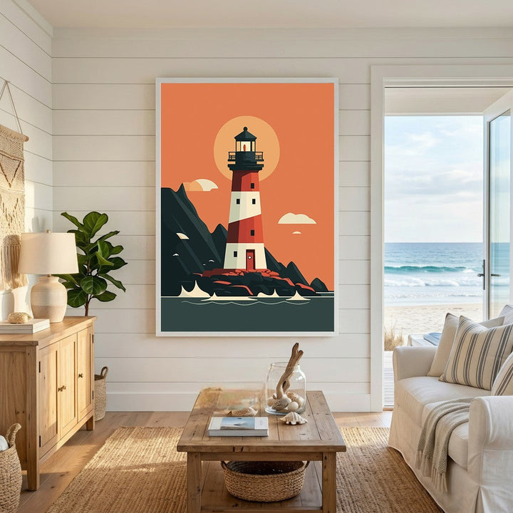 Wadi Home coastal lighthouse wall art print featuring a red and white lighthouse in a minimalist sunset scene.