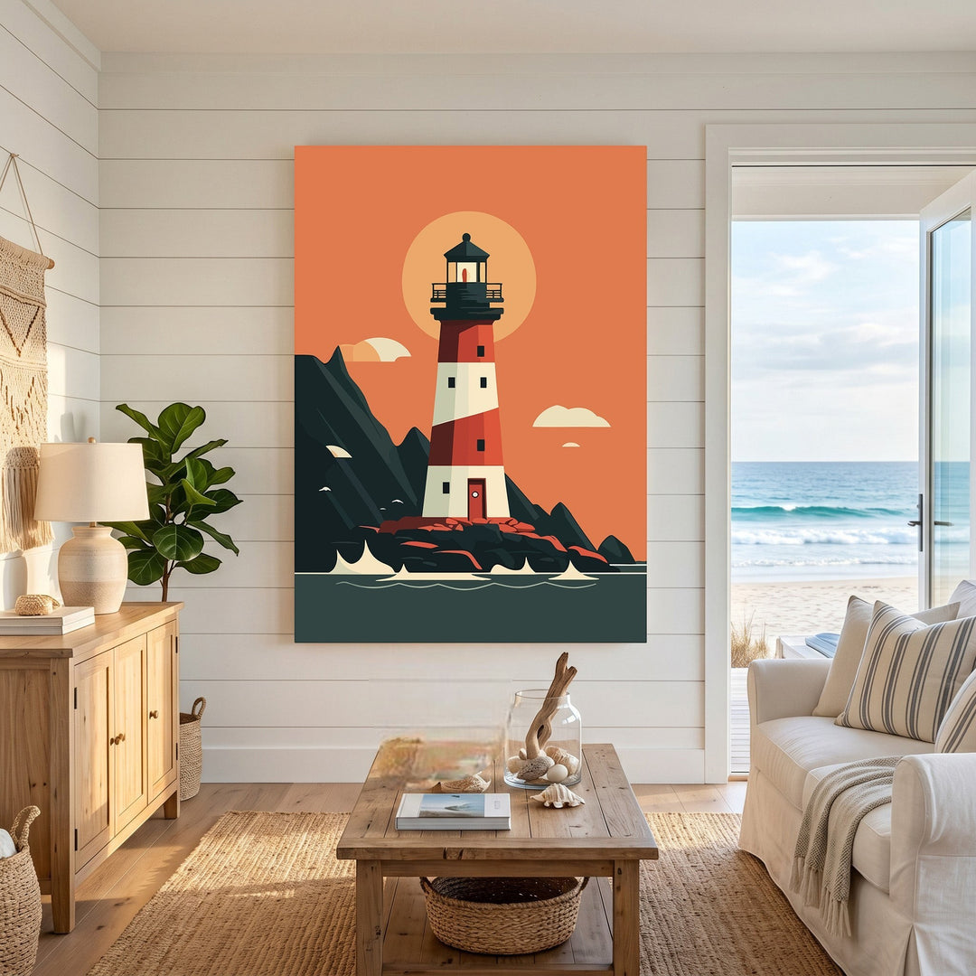 Wadi Home coastal lighthouse wall art print with red and white design, displayed in a bright, modern living room.