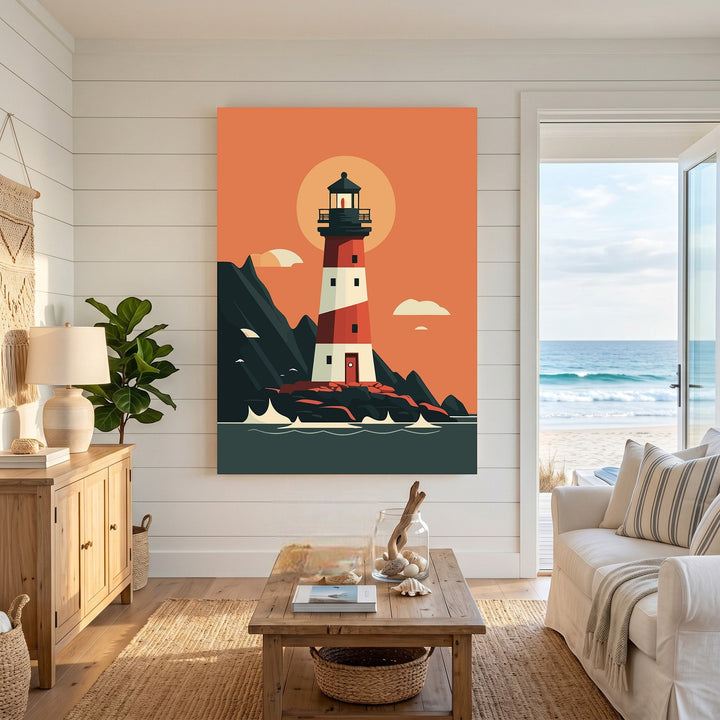 Wadi Home coastal lighthouse wall art print with red and white design, displayed in a bright, modern living room.