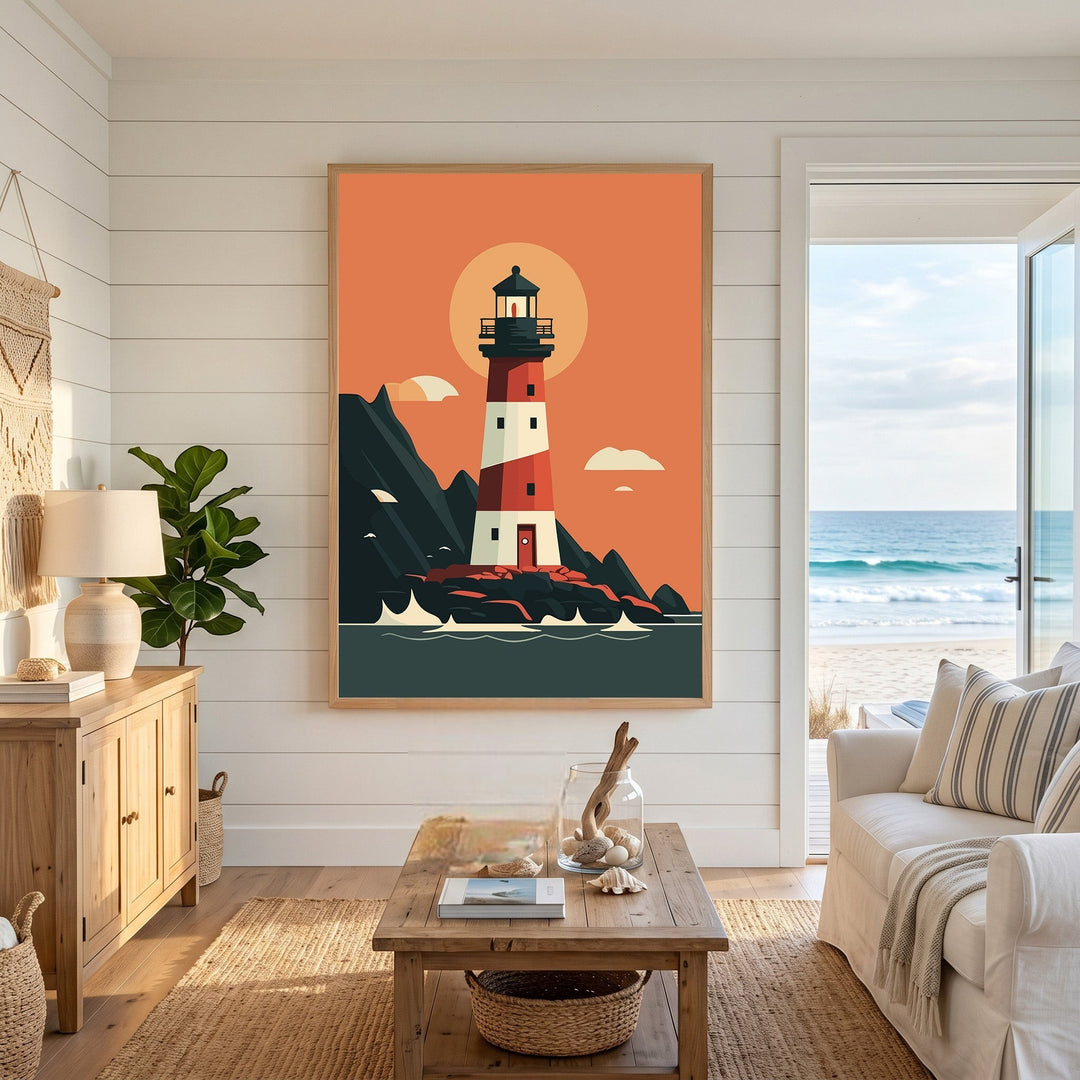 Wadi Home coastal lighthouse wall art print featuring a red and white lighthouse in a modern minimalist sunset scene.
