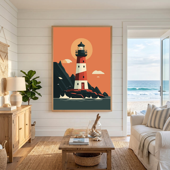 Wadi Home coastal lighthouse wall art print featuring a red and white lighthouse in a modern minimalist sunset scene.