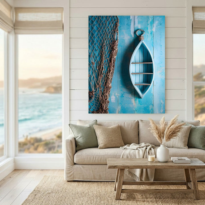 Wadi Home coastal nautical boat wall art with weathered blue wood and fishing net decor in a bright living room.