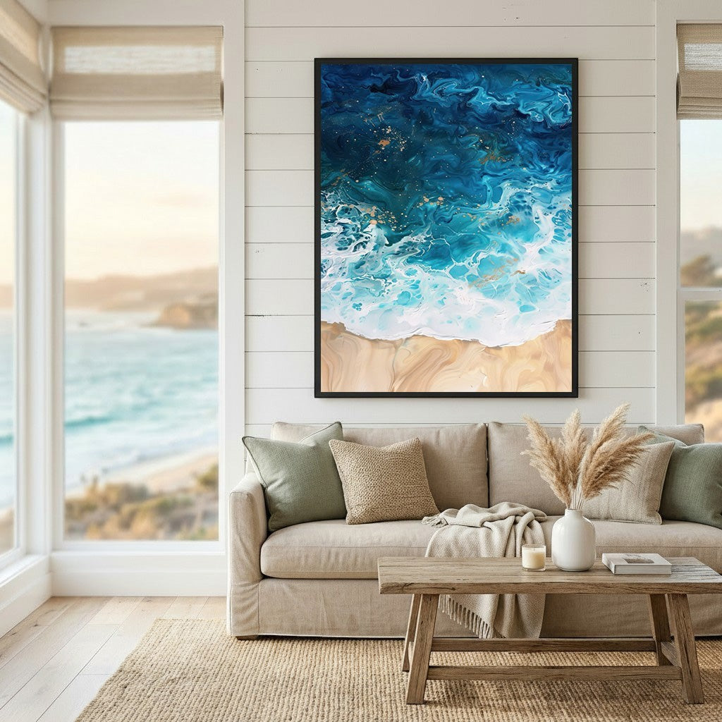 Wadi Home abstract coastal ocean wave wall art with blue, turquoise, and sandy beige tones in a black frame.