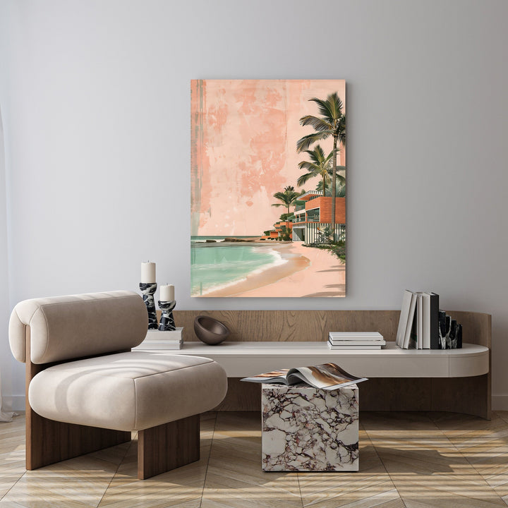 Wadi Home Coastal Palm Beach Artwork: Tropical beach scene with palm trees, turquoise ocean, sandy shore, and peachy background.
