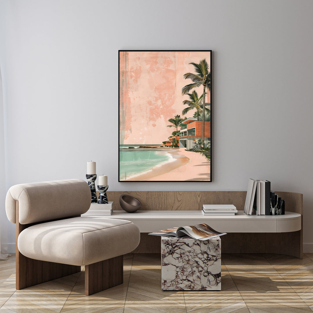 Wadi Home Coastal Palm Beach Artwork featuring palm trees, turquoise ocean, sandy shore, and peachy background.