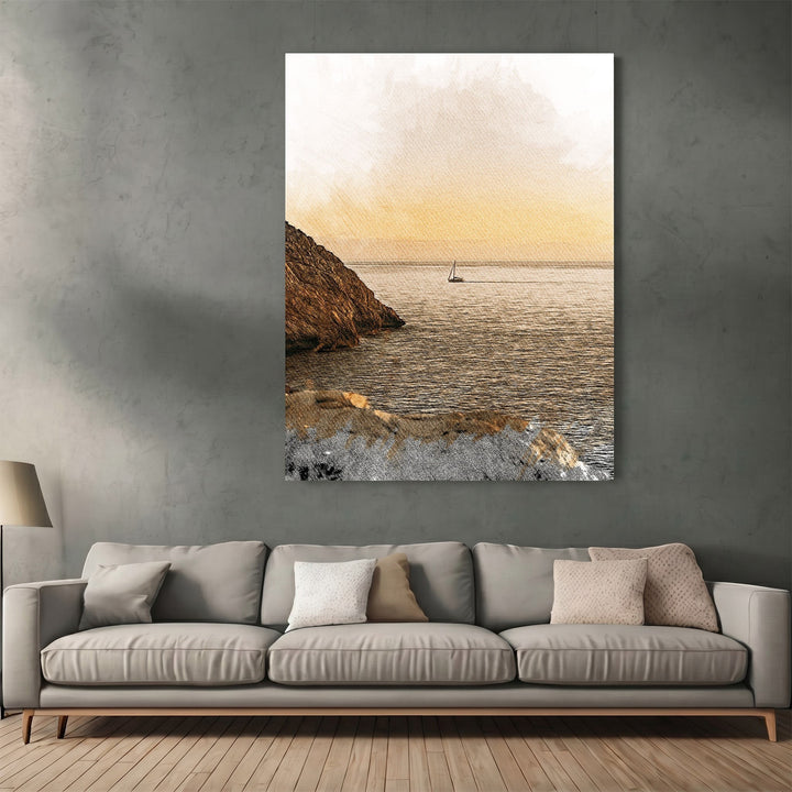 Wadi Home coastal sailboat landscape framed wall art featuring a golden sunset over a rugged shoreline in a living room.