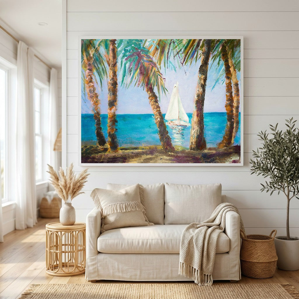 Wadi Home coastal sailboat landscape wall art featuring palm trees and turquoise water in a modern living room setting.