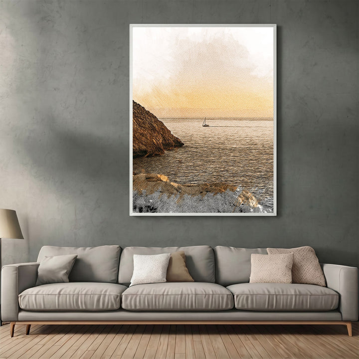 Wadi Home coastal sailboat landscape framed wall art featuring a golden sunset over the ocean in a modern living room