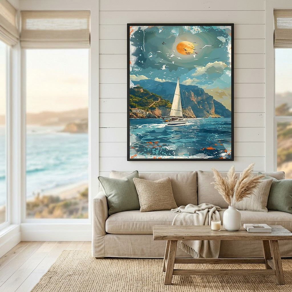Wadi Home coastal sailboat landscape wall art print featuring a sunlit sea and cliffs hanging above a beige sofa.