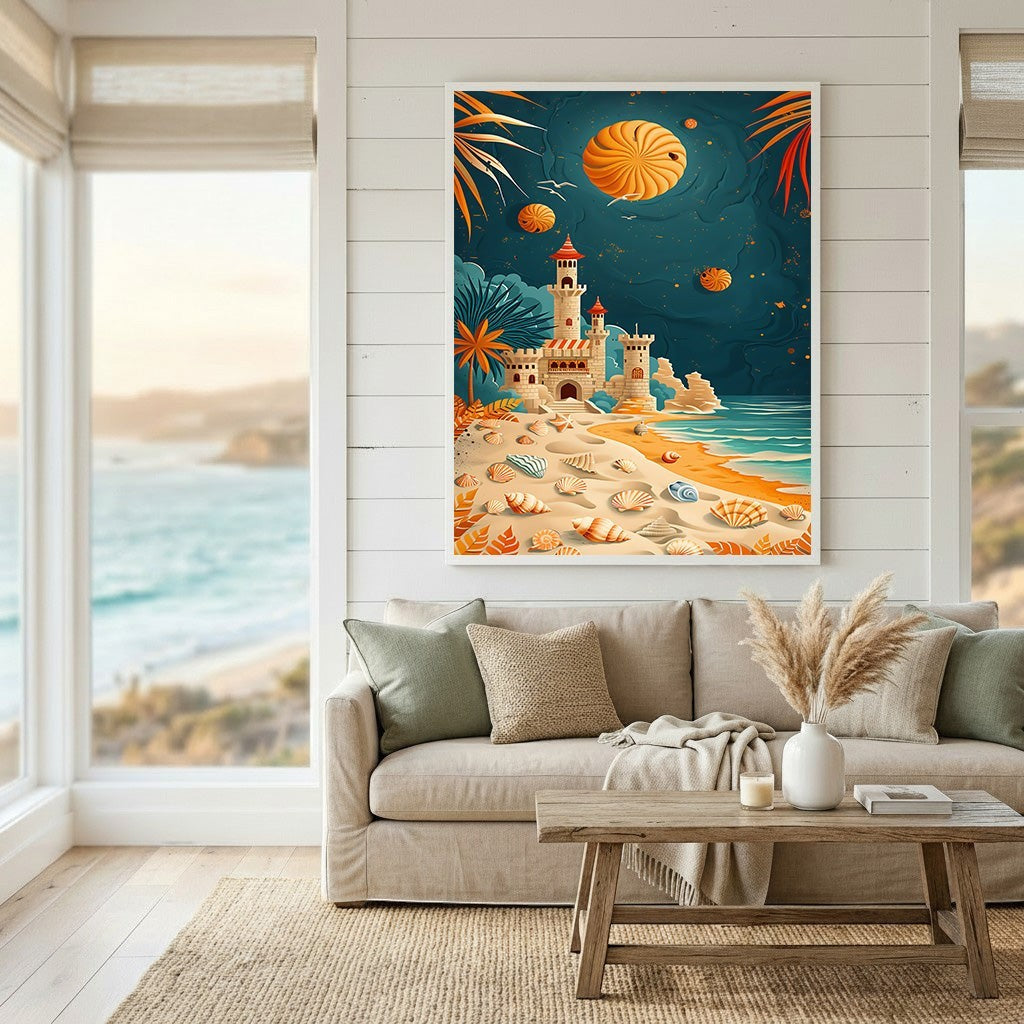 Wadi Home whimsical coastal sandcastle wall art print with orange sun and seashells in a bright modern living room