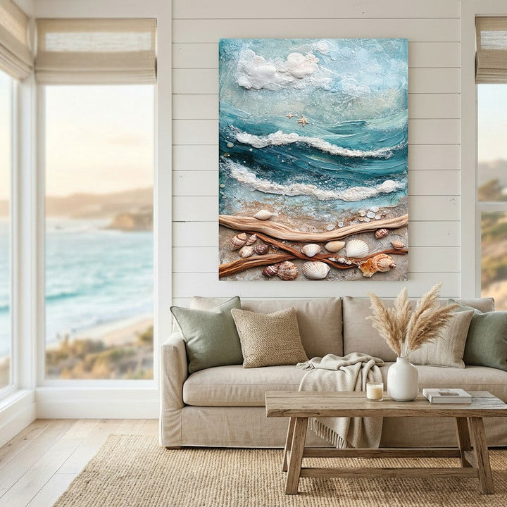 Wadi Home coastal seascape wall art with textured turquoise waves, sandy beach, and seashells above a neutral sofa.