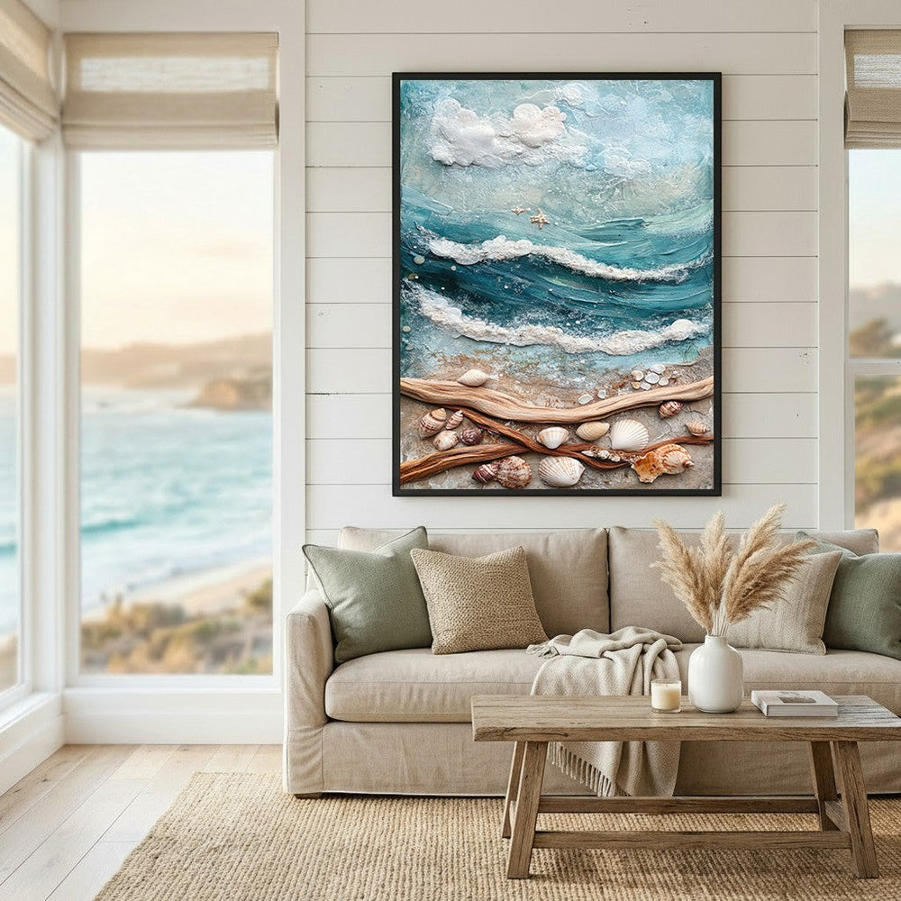 Wadi Home textured coastal seascape wall art featuring turquoise ocean waves and seashells above a beige sofa.