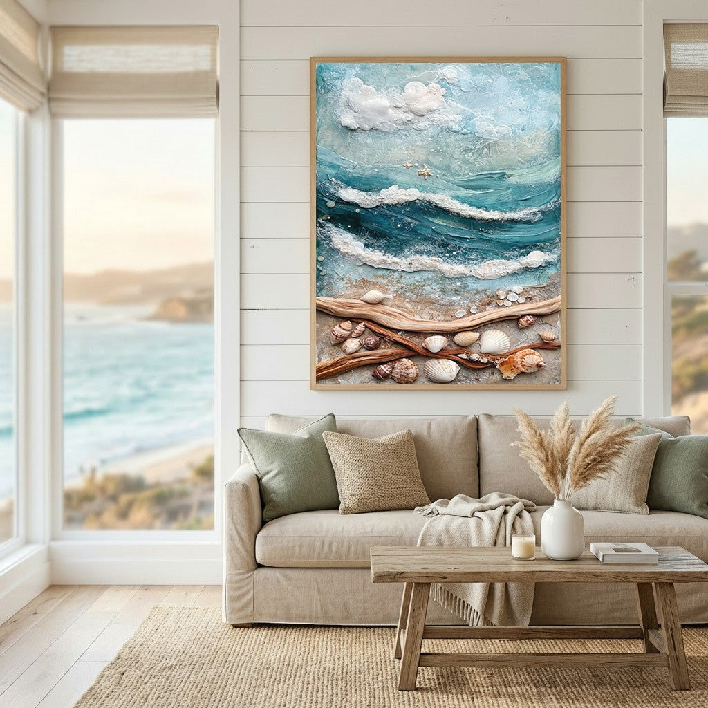 Wadi Home coastal seascape wall art with textured turquoise waves, sandy beach, and seashells in a living room.