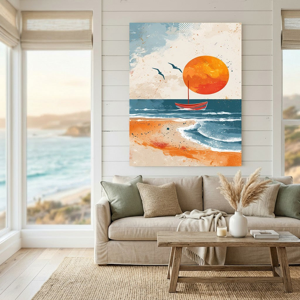Wadi Home abstract coastal wall art print featuring a red boat on a sunset ocean, displayed above a modern sofa.