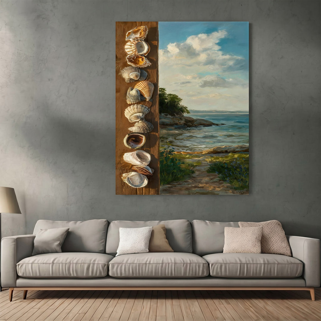 Wadi Home coastal landscape wall art featuring a vertical seashell arrangement on wood next to a tranquil beach painting.