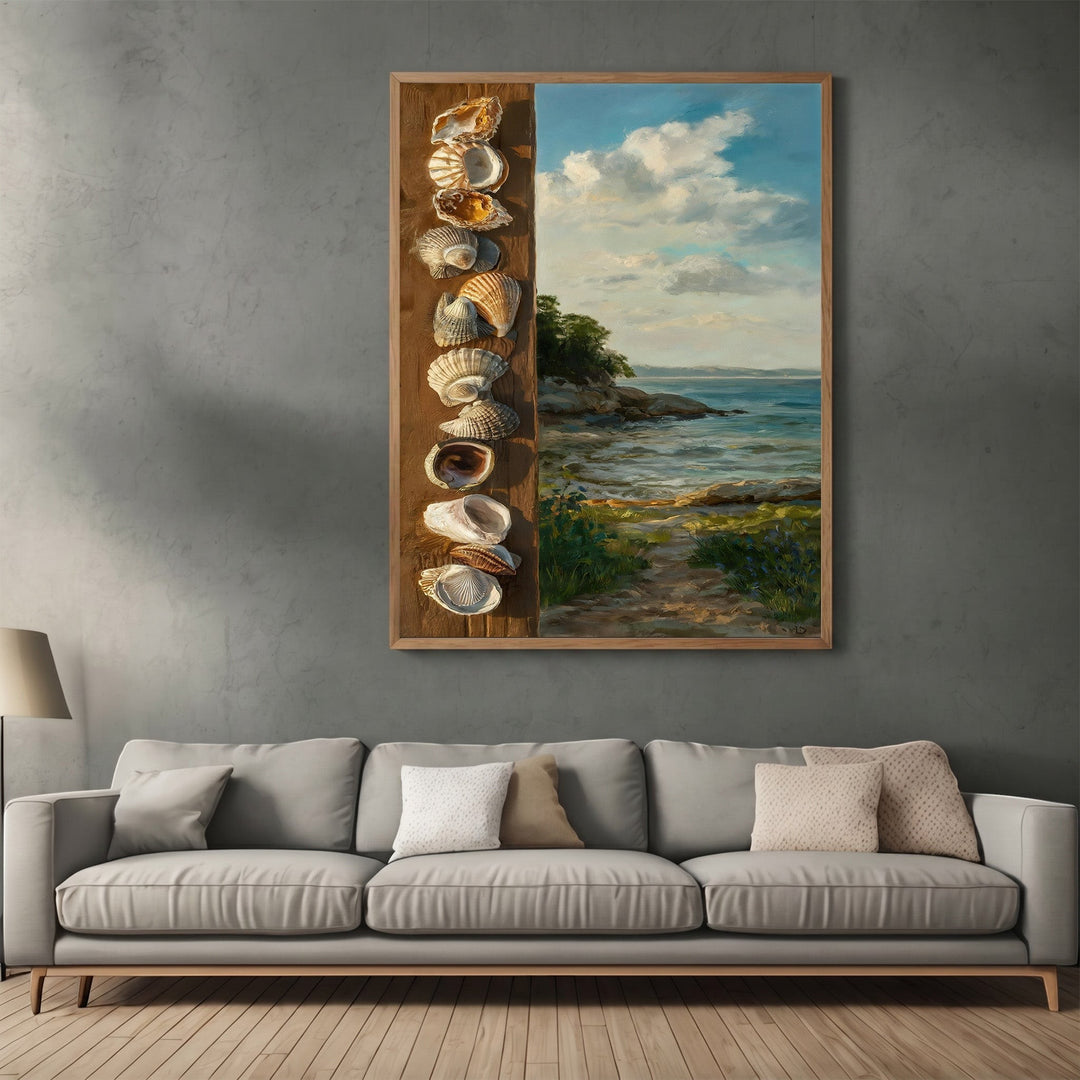 Wadi Home coastal seashell landscape wall art print featuring a vertical shell arrangement and ocean view in a frame.