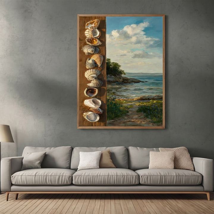 Wadi Home coastal seashell landscape wall art print featuring a vertical shell arrangement and ocean view in a frame.