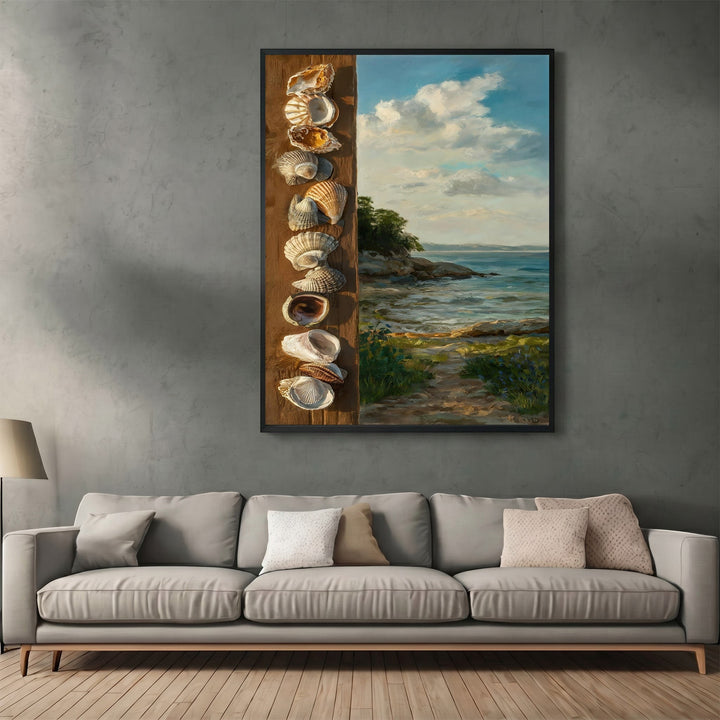 Wadi Home coastal landscape wall art featuring a vertical seashell arrangement and ocean view above a modern sofa.