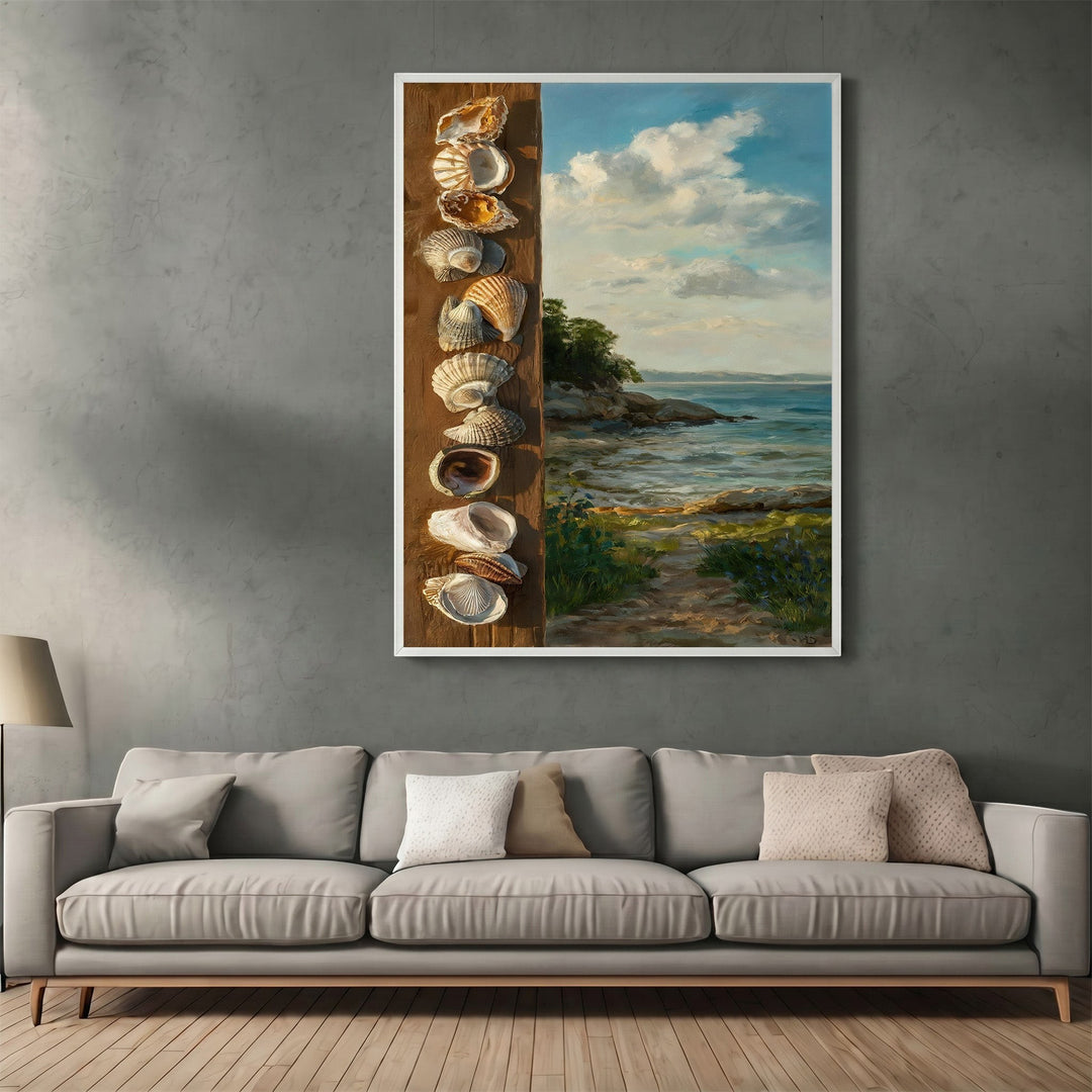 Wadi Home coastal seashell landscape wall art print featuring a vertical shell arrangement and ocean view above a sofa.