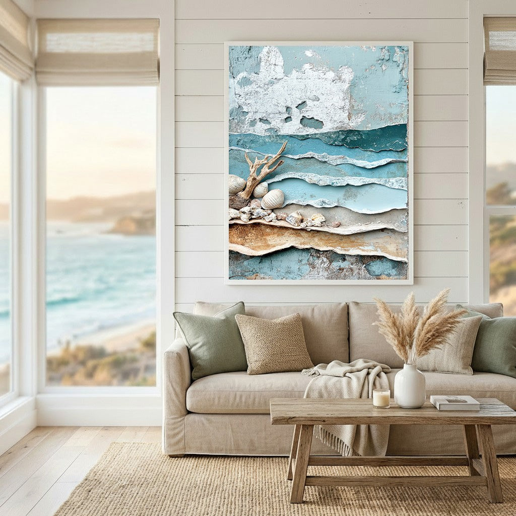 Wadi Home coastal shoreline textured wall art featuring blue and beige layers with driftwood and seashells in a living room.