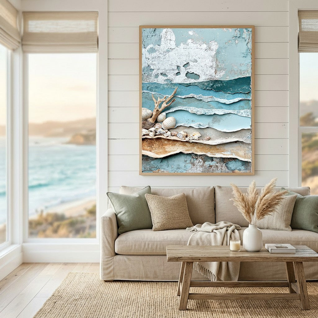 Wadi Home coastal shoreline textured wall art with blue, beige, and white layers, driftwood, and seashell accents.