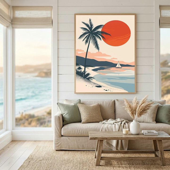 Wadi Home minimalist coastal wall art print featuring a sunset, palm tree, and sailboat in a modern living room.
