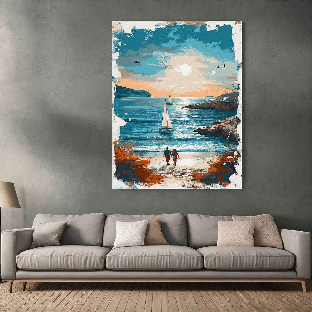 Wadi Home coastal couple sunset beach wall art print featuring a painterly ocean scene above a modern grey sofa.