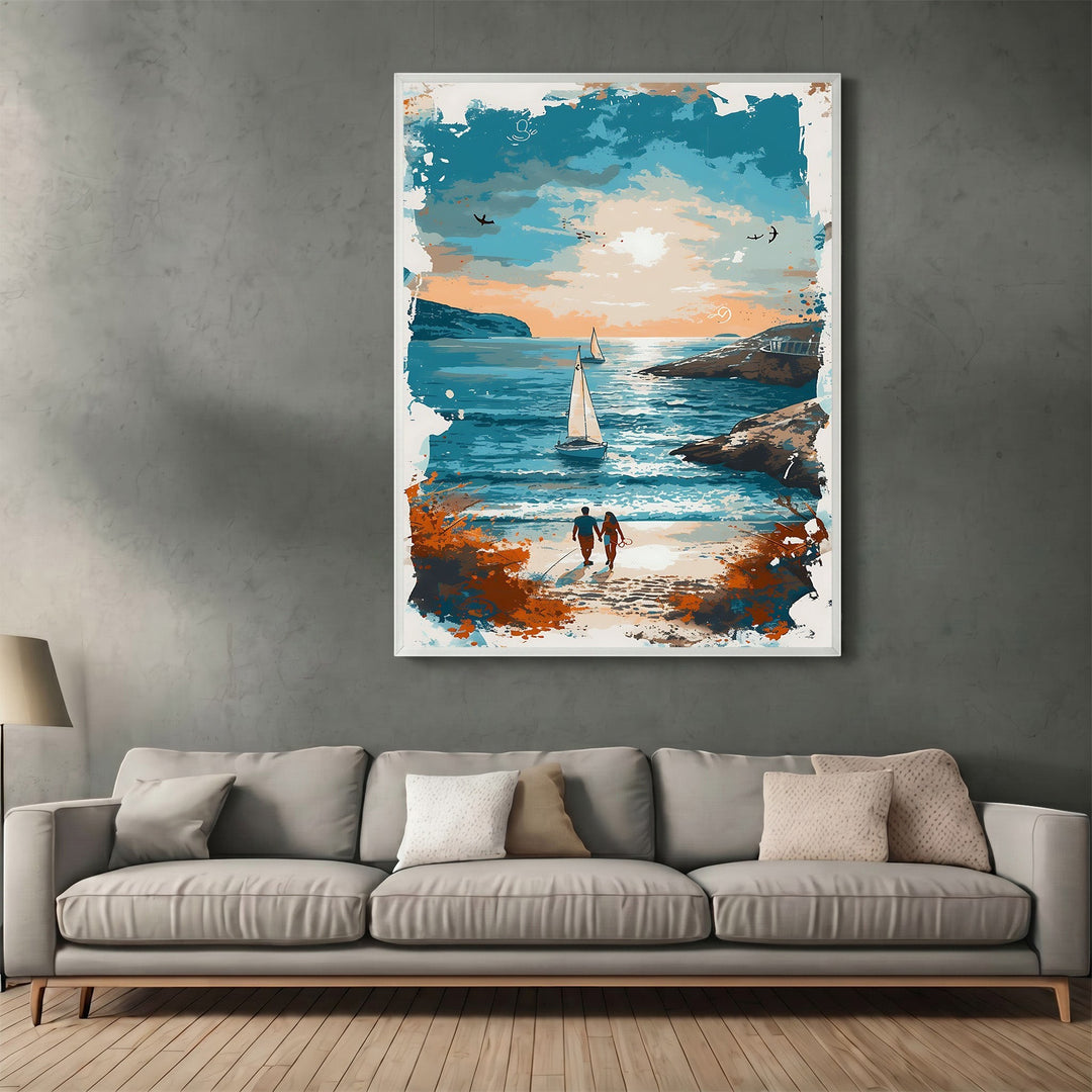 Wadi Home coastal couple sunset beach wall art print featuring a painterly ocean scene above a modern grey sofa.