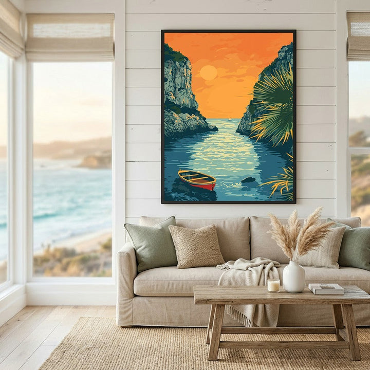 Wadi Home coastal landscape wall art print featuring a sunset over a cove with a rowboat in a modern graphic style.