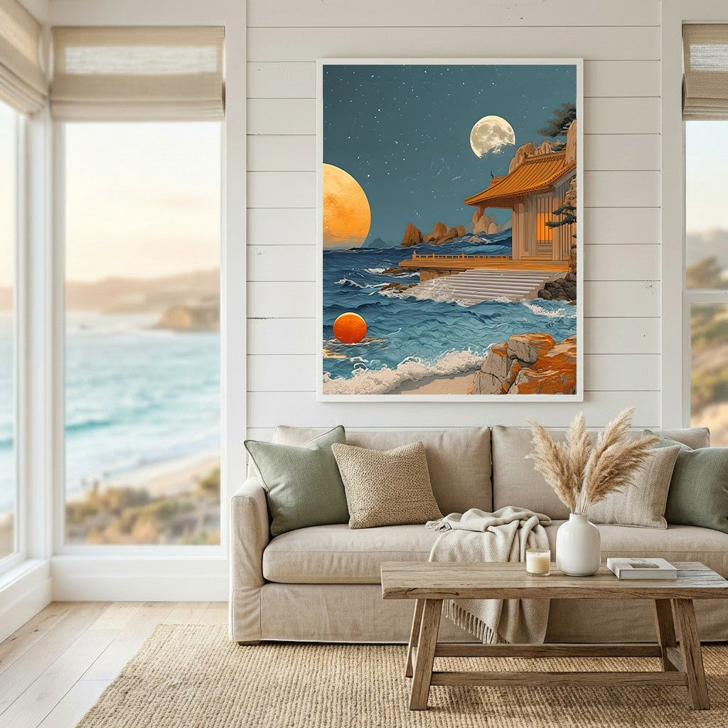 Wadi Home surreal coastal temple wall art print featuring a seaside pagoda, celestial orbs, and ocean sunset colors.