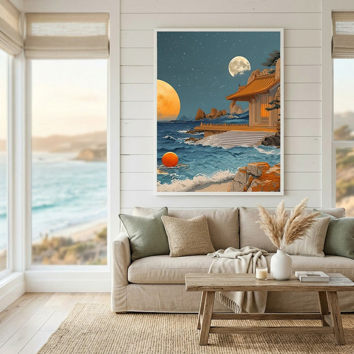 Wadi Home surreal coastal temple wall art print featuring a seaside pagoda, celestial orbs, and ocean sunset colors.