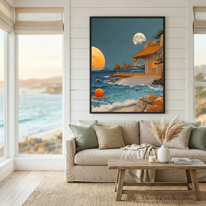 Wadi Home surreal coastal temple wall art print featuring a celestial seaside scene with vibrant orbs above a sofa.
