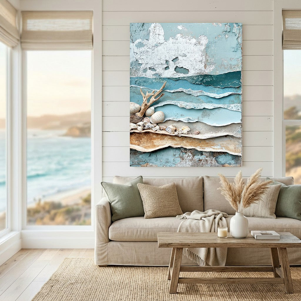 Wadi Home coastal shoreline textured wall art with blue and beige layers, driftwood, and seashells above a beige sofa.